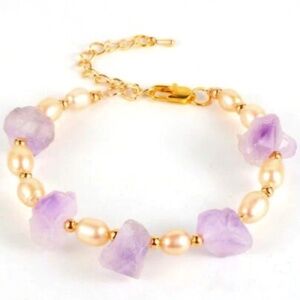 Amethyst & Pink Freshwater Pearl Bracelet – Gold-Plated Clasp – Natural Crystal